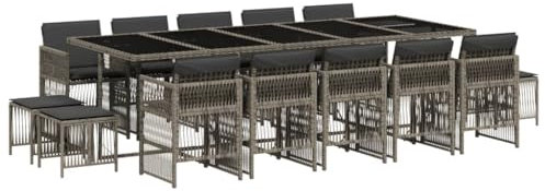 vidaXL Garten Essgruppe 15-TLG., Gartenmöbel Set Tisch mit 10 Stühle 4 Hocker, Gartengarnitur mit Kissen, Sitzgruppe Essgarnitur Terrasse, Grau Poly Rattan