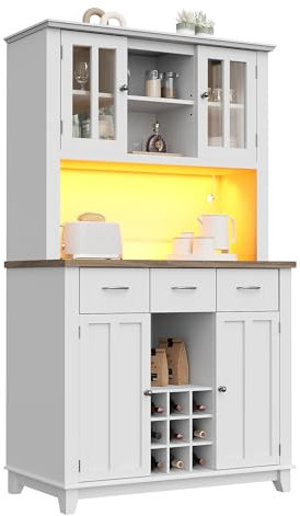 Wiuzo Küchenschrank, Hochschrank Küchenbuffet, Vitrinenschrank, Buffetschrank mit Verstellbaren Ablagen, Sideboard mit LED-Beleuchtung, Buffetschrank 106 * 40 * 179.5cm (weiße Schublade)