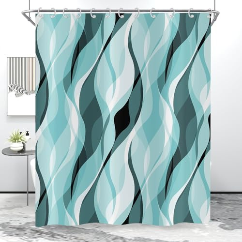 Hnmdmyi Duschvorhang Türkis 180x200, Modern Abstrakt Türkis und Grau Gestreift Badewanne Vorhang Wasserdicht Polyester Stoff Waschbar Badevorhang für Badezimmer mit Haken