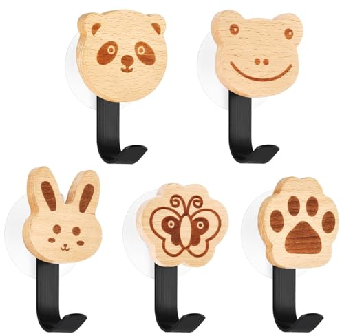FeiOne 5 Stück Kleiderhaken kinder, Holzkleiderhaken für Kinder in Tierform, für Kinderzimmer, Kleiderhaken mit Buche, sanfte und elegante Farben, Ideal für Mäntel, Hüte und Taschen