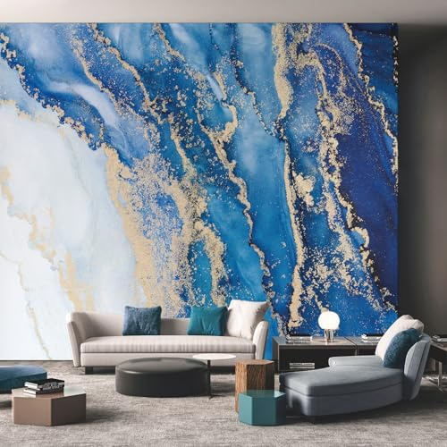 Marble Navy Blue Golden Wallpaper, Abstract Texture Modern Wallpaper Mural, Non-Woven Decor Wall Paper, Photo Mural for Room, Hallway, Lounge, 300cmx210cm