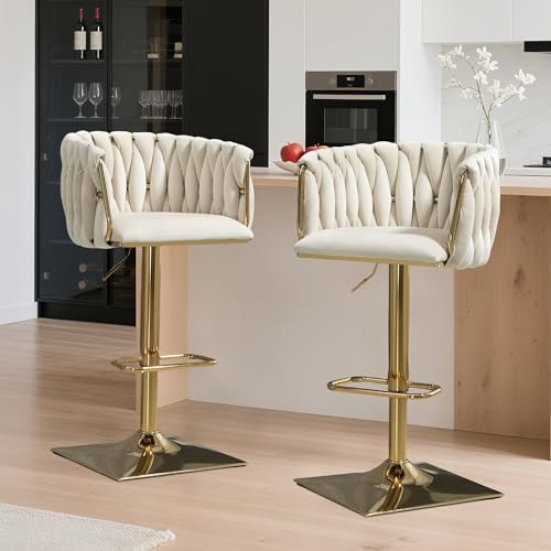 LIFEISLE Samt Barhocker 2er Set,Barstuhl Höhenverstellbar 360° Drehbar mit Metallrahmen Küchenhocker Bistrohocker Tresenhocker mit Fußstütze Beige