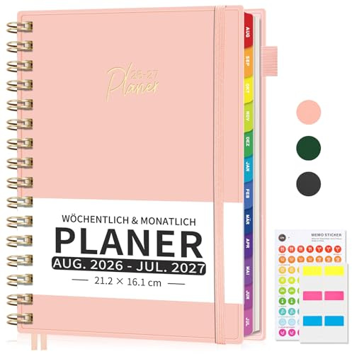 EMSHOI A5 Kalender 2026 2027 mit 30-Min-Intervallen, Aug 26-Juli 27 - Rosa | Terminplaner, Wochenplaner Notizbuch mit PVC-Cover, Stundenplanung, Monats-Register, Innentasche, für Büro, Schule