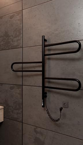 Elna - Scaldasalviette elettrico da bagno, 90 W, 835 x 460 mm, colore: Nero opaco, 3 aste girevoli, IP44, termostato e timer