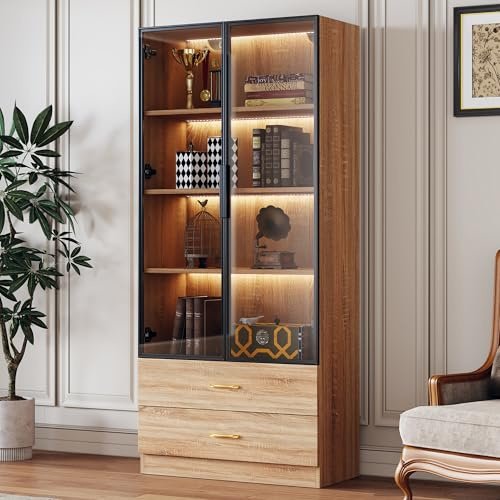 Zravenna Glasvitrine,75 cm Breit mit 2 großen Schubladen und 2 Türen, Glas tür Schrank für Wohnzimmer Büro Sammlerstücke Bücher Wein & Badezimmer. (Brown)