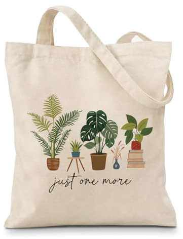 Geondos Canvas Tote Bags for Women, Cute Canvas Totes for Gifting, Reusable Cotton Totes for Grocery, Shopping, Beach & Daily Use, Plant Lover Gift, Gardener Gifts, Just One More Plant Tote Bag