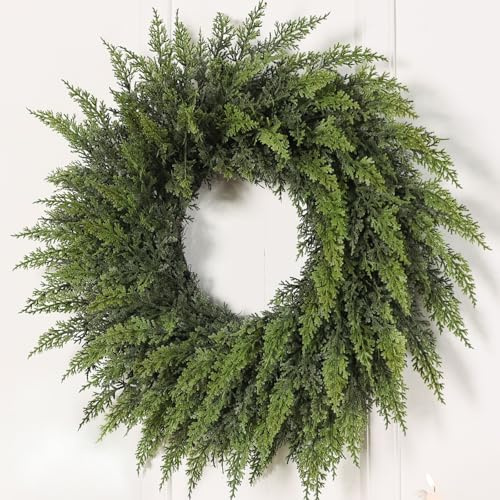 24 Real Touch Artificial Cedar Wreath - Faux Christmas Wreaths for Front Door,Faux Pine Green Wreath for Home, Holiday, Fireplace, Mantle,Wall, Windows, Xmas, Outdoor Decoration