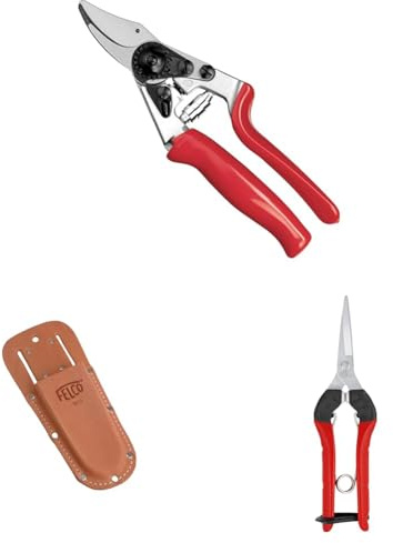 FELCO 7 Rollgriff-Gartenschere mit Lederholster 910+ und Leseschere 322 – Ergonomisches Set für längere Einsätze und Erntearbeiten