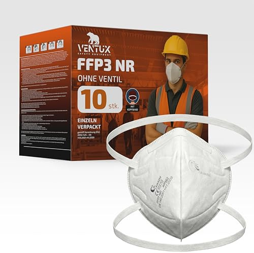 VENTUX FFP3 NR Atemschutzmaske ohne Ventil – Zertifiziert nach EN 149:2001+A1:2009 – Hohe Filtration – Einzeln verpackt – Mit Kopfband