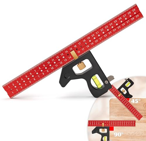 Famgee 12inch/300mm Adjustable Combination Square 45°/ 90° Angle Square Hand Marking Line Tool Carpenters Square Multi-angle Measuring Rule Engineer Marking Gauge With Level Bubble for Woodworking