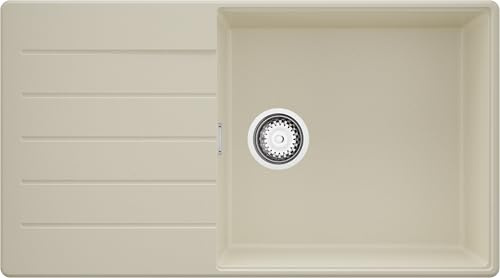 PRIMAGRAN Evier Cuisine en Granit au Meuble 60cm + Kit de Vidage, 90x50cm | Set: Kit de Vidage (Siphon, bonde d’évacuation, trop-plein) + Lavabo 1 Bac - Copenhague Top, Beige