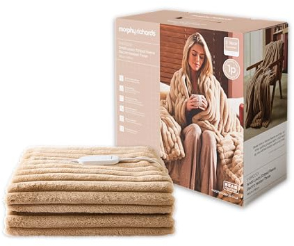Morphy Richards EverCosy Luxury Striped Fleece Electric Heated Throw, 160x130cm, 9 Heat Settings, Detachable, Teddy and Flannel Fleece, Overheat Protection, Auto Shut Off, Mocca, 610103