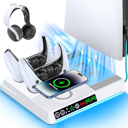 Support de Refroidissement PS5 Compatible PS5/ Slim/Pro, Chargeur Manettes PlayStation 5 avec Charge sans Fil, Support PS 5 avec Ventilateur 3 Vitesses et Lumière RVB, Station de Charge et Rangement