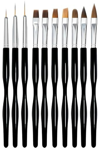 wilcractk Lot de 10 Pinceaux pour Nail Art, Pinceaux Professionnels pour Nail Art - Ensemble de Pinceaux à Manche Noir pour Créations de Nail Art Précises