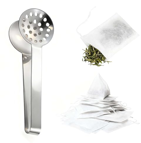 51 Pcs Silvery Tea Bag Squeezer Tongs and Tea Bags Empty with Drawstring, Stainless Steel Teabag Squeezer Tool Multi Purpose Anti Slip Kitchen Pliers, Empty Teas Bags for Loose Teas and Coffee