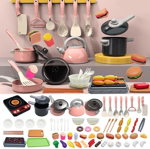 Kids Pretend Play Kitchen Accessories Set, Kids Kitchen Playset with Pots Pans Utensils Cookware Food, Cooking Utensils, Kitchen Cookware Playset Toys Gift for Boys Girls Toddlers 3+ (Pink, 71PCS)