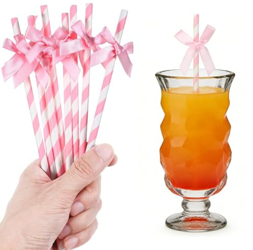 30 Pcs Pink Paper Bow Straws for Drinking, Cute Pink Bow Party Straws for Juice Coffee Tea Cocktail Milkshake