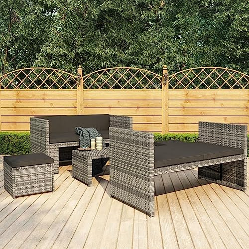LoogCape 5-TLG. Garten-Lounge-Set, Poly Rattan Grau, mit Auflagen, wetterfestes Outdoor-Möbel für Terrasse, Balkon, Garten, inklusive Couchtisch