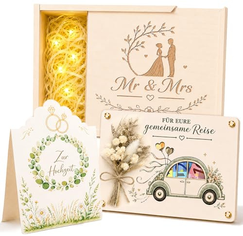 Geldgeschenk Hochzeit Holz, Hochzeitsgeschenk für Brautpaar mit Geschenkbox, Holzkarte, Hochzeitskarte & Trockenblumen, Geldgeschenke zur Hochzeit, Flitterwochen