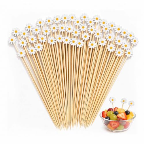XUZOPIM 100 Piezas Palillos De Cóctel 12 Cm,Palillos Para Aperitivos De Bambú Con Crisantemo, Brochetas Para Pinchos,Palitos Para Brochetas De Frutas Para Cumpleaños, Fiesta, Hamburguesas