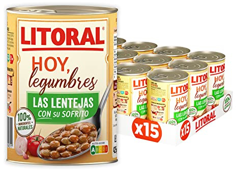 Litoral Hoy Legumbres Lentejas con su sofrito - Plato Preparado Sin Gluten - Pack de 15 x 425g - Total: 6.375 kg | Lentejas con sofrito plato preparado de legumbres listo para comer con receta casera