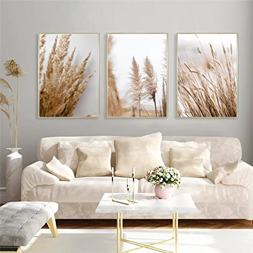 SWECOMZE 3er Moderne Poster Set - Pampas Gras Schilf Beige Natur - Wandbilder Wohnzimmer Deko Schlafzimmer - ohne Rahmen (Stil B,40 x 50 cm)