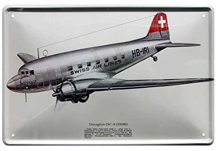 schilderkreis24 Blechschild Flugzeug “Swiss Air Lines HB-IRI Douglas DC-3 1936“ Plane Technik Deko Dekoration Historisch Retro Metallschild Vintage Geschenk zum Geburtstag oder Weihnachten 20x30 cm
