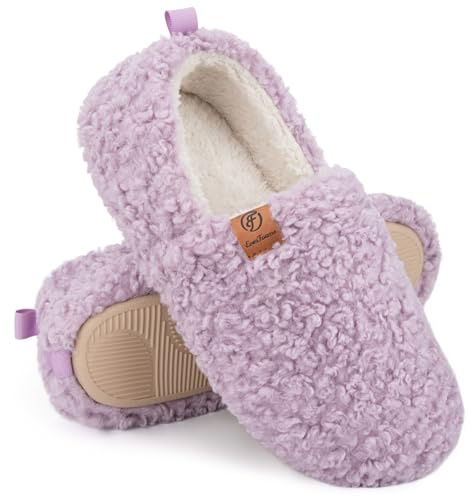 EverFoams Women’s Soft Curly Full Slippers Memory Foam Lightweight House Shoes Cozy Loafer with Polar Fleece Lining Purple,9-10 US