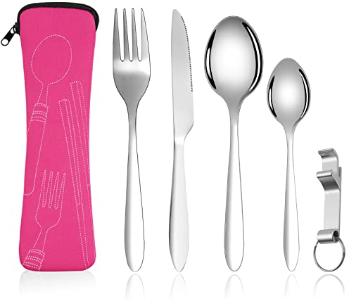 Vicloon Set di Posate con Custodia Portatile, 5 Pezzi in Acciaio Inossidabile con Apribottiglie, da Viaggio Coltello Forchetta Cucchiaio per Campeggio Picnic Scuola Pranzo (Rosa Rossa)
