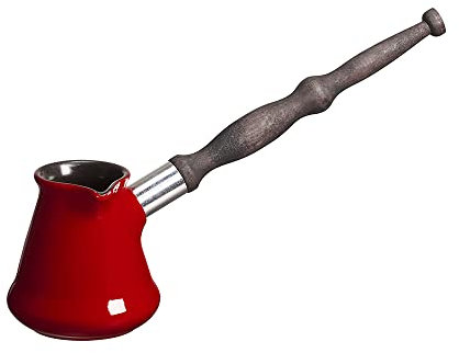 Ceramic Turkish Coffee Pot 200 ml (6.76 oz) Cezve Ibrik Briki Turka Classic, Red Color, with Removable Wooden Handle for Gas Electric Hobs