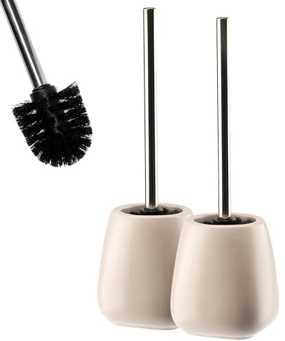 KADAX WC-Bürste und Behälter, Toilettenbürste mit Längere Griff, Keramik Klobürste 12 x 36 cm, WC-Garnitur für eine saubere Toilette, Serie Pastello (Beige 2 Stück)