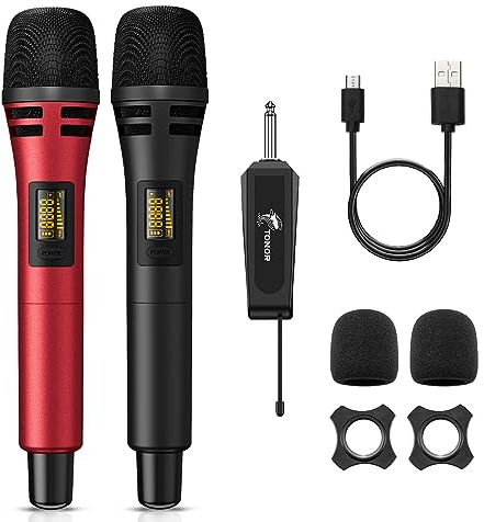 Kabellose Mikrofone, TONOR UHF Duales Karaoke Mikrofonset mit wiederaufladbarem Empfänger. Kabelloses dynamisches Mikrofon, Mikrofon-Set für Singen, Hochzeiten, Party, Ansprachen TW320 Schwarz & Rot