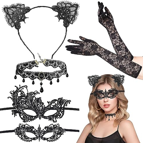 TOPJOWGA 5 Pièces Masque de Dentelle Noir, Serre-tête pour Oreilles de Chat en Dentelle, Collier en Dentelle, Gants en Dentelle, Costume Oreilles de Chat, Décoration de Masques de Carnaval Mascarade