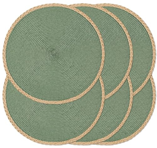 Noctiflorous Braided Round Placemats Set of 6, 15 Inch Woven Table Mats, Non-Slip Washable Thin Edge Place Mats for Kitchen Dining Table Decor (Green, 6)