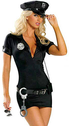 Duohropke Damen Sexy Polizei Kostüm Erwachsene Polizistin Cosplay Uniform Outfits Kurzarm Overall Body mit Polizeihut Zubehör Halloween Fasching Kleidung