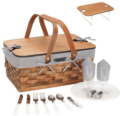 SaiDuoDuo Handgefertigter Picknickkorb aus Holz, leerer großer Korb mit tragbarem Weintisch, gewebter Korb mit 2-faltbaren Griffen und Abnehmbarer Liner für Camping,Grau