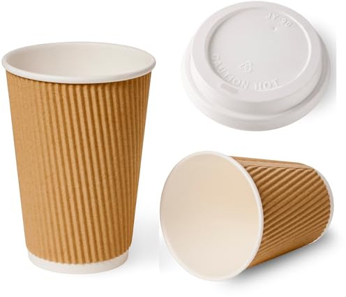 Sunrise Packaging 8oz / 240ml Kraft Ripple Paper Cups with Lids | 3Ply Insulated Hot Drinks Cups for Tea Coffee Cappuccino Drinking Cups (200)