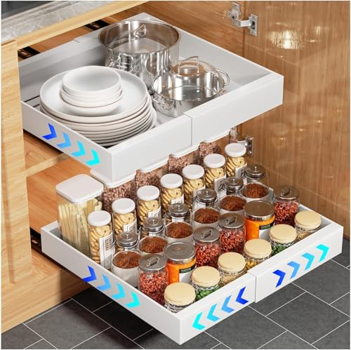 devesanter Pull Out Cabinet Organizer, with Adhesive Film Pantry Extendable Pull Out Kitchen Storage for Kitchen Base Cabinet Organization,Pantry,Bathroom Adjustable Width 31cm to 52cm（1 pack white）