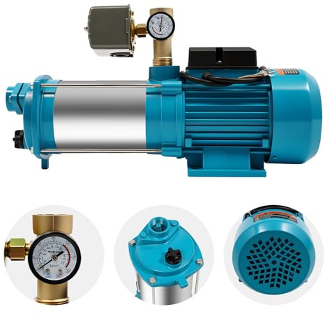 QUIOTUIR Pompe Centrifuge en Acier Inoxydable 1300W 4000L/h 9.8 Bar avec Manomètre Pompe a Eau Max. Ascenseur 98m Pompe à Jet pour L'irrigation Fermes, Étangs, Jardins et Fontaines