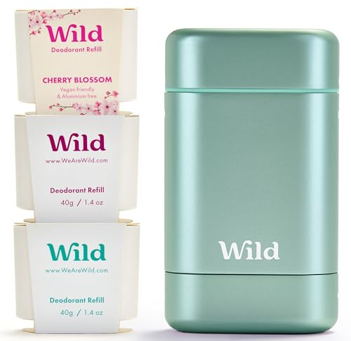 Wild - Déodorant Naturel Rechargeable - Sans Aluminium - Etui Aqua avec Lot Varié de Recharge (3 x 40g) - Comprend Fresh Cotton & Sea Salt, Cherry Blossom et Coconut & Vanilla - Végan