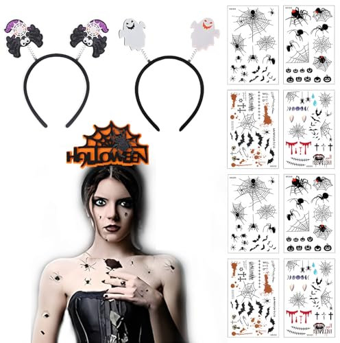 VireEyU Halloween Set,8er Set Spinnen Tattoo Gesicht und 3 Halloween Haarreifen, Temporäre Spinnennetz Tattoos, Make-Up Zubehör für Halloween und Karneval