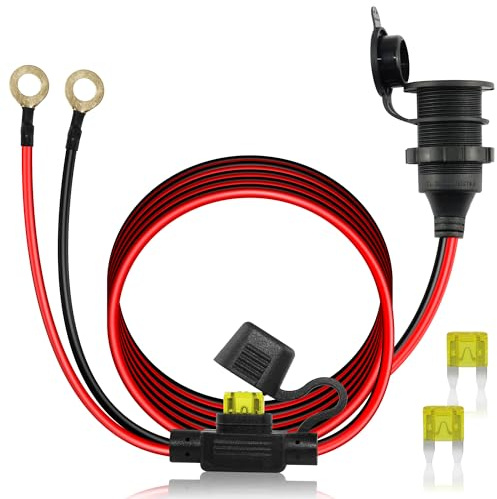 HATMINI Zigarettenanzünder-Buchse auf O-Ring-Anschlusskabel, 12 V/24 V, wasserdicht, 20 A, 14 AWG, Ersatzkabel, 8 mm Ringöse, 3 m