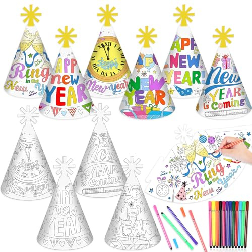 HOWAF Decorazioni Capodanno 2027, 12pz Cappellini Buon Anno Nuovo da Colorare Cappelli Happy New Year da Colorare con Pennarello per Gadget Capodanno 2027, B