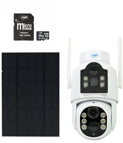 PNI Pacchetto telecamera di videosorveglianza IP792, doppia lente 2MP + 2MP, pannello solare 3W e scheda di memoria MicroSD 128GB inclusa