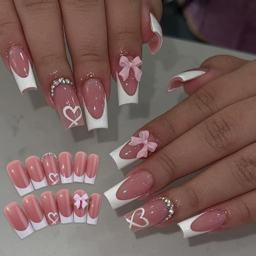 WhaleO 24 Piezas Uñas Postizas Con Pegatinas De Pegamento Press On Nails Gel Adhesivas Para Mujeres Niñas - Lazo Rosa