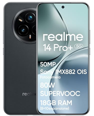 realme 14 Pro+ 5G Smartphone, 8+256GB, Fotocamera Sony IMX896 OIS 50MP, Snapdragon® 7s Gen 3, Display Quad-Curve Senza Cornici, Batteria 5260mAh, Ricarica Rapida 80W SUPERVOOC, Grey