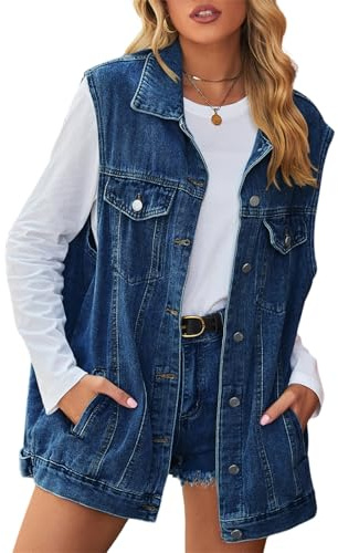 KANDEMY Damen Übergröße Jeansweste Frühling Herbst Ärmellos Westen Oversized Boyfriend Freizeitjacken Outwear Dunkelblau M