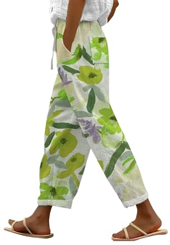 LinRim Leinenhose Damen Hose Sommer Musselin Leinen Hosen Stoffhose Freizeithose Gerade Geschnitten Strandhose Bequeme Causal Locker Palazzo Hose Sommerhose mit Taschen