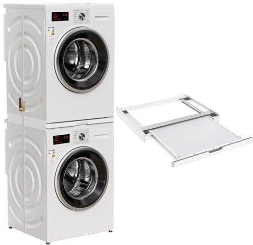 DEWEL Telaio intermedio con piastra estraibile, telaio di collegamento per lavatrice e asciugatrice con corda a cricchetto, telaio intermedio lavatrice asciugatrice in lega di alluminio e legno, 55x60