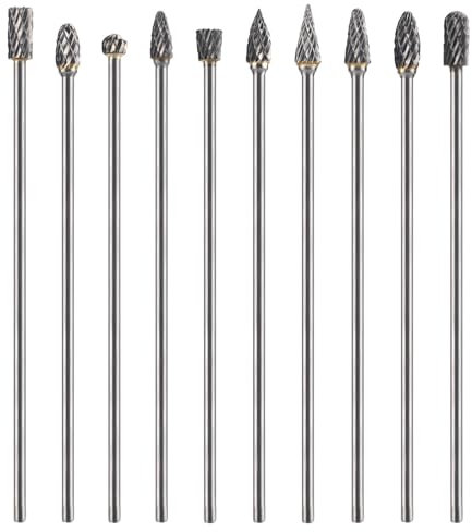 10 Pezzi Kit di Frese in Carburo di Tungsteno a Gambo Lungo, 10 Stili Punte per Rettifica in Carburo Set di Frese per Smerigliatrice a Gambo per Rettifica Raggiungere Aree Strette